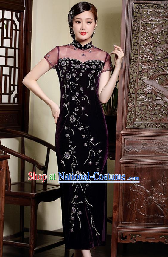 Traditional Ancient Chinese Young Lady Retro Stand Collar Purple Velvet Cheongsam, Asian Republic of China Qipao Tang Suit Dress for Women