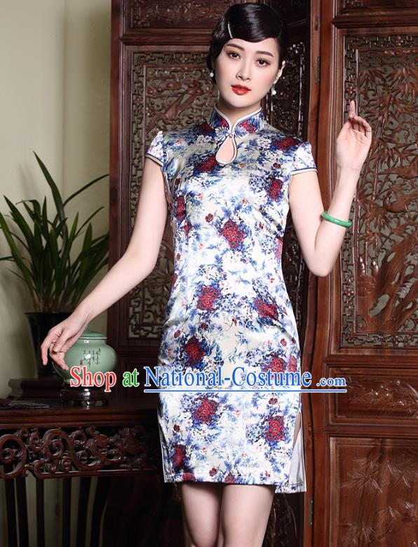 Top Grade Asian Republic of China Plated Buttons Printing Red Flowers Silk Cheongsam, Traditional Chinese Tang Suit Qipao Dress for Women