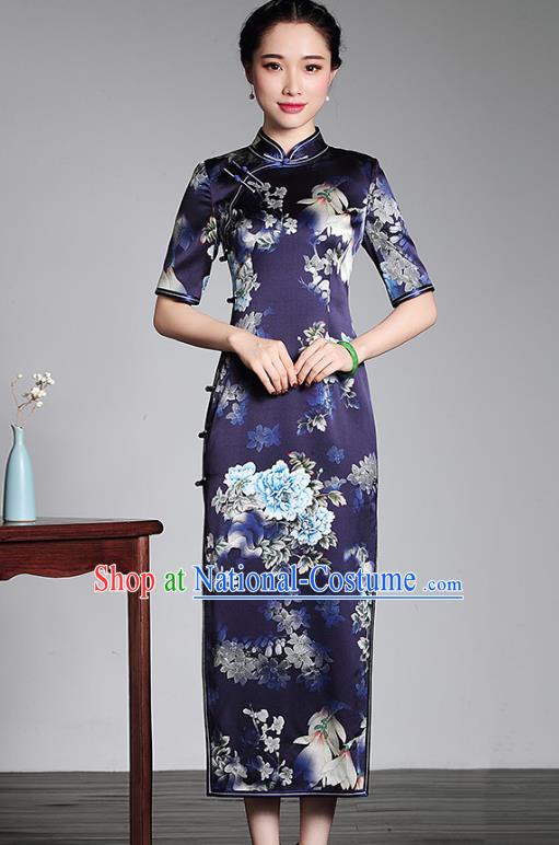 Top Grade Asian Republic of China Plated Buttons Silk Cheongsam, Traditional Chinese Tang Suit Printing Blue Qipao Dress for Women