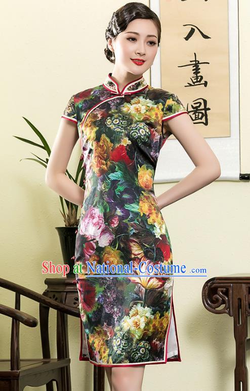 Asian Republic of China Top Grade Plated Buttons Cheongsam, Traditional Chinese Tang Suit Printing Silk Qipao Dress for Women