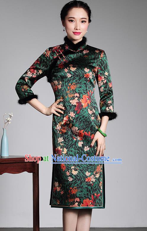 Top Grade Asian Republic of China Plated Buttons Printing Silk Cheongsam, Traditional Chinese Tang Suit Green Qipao Dress for Women