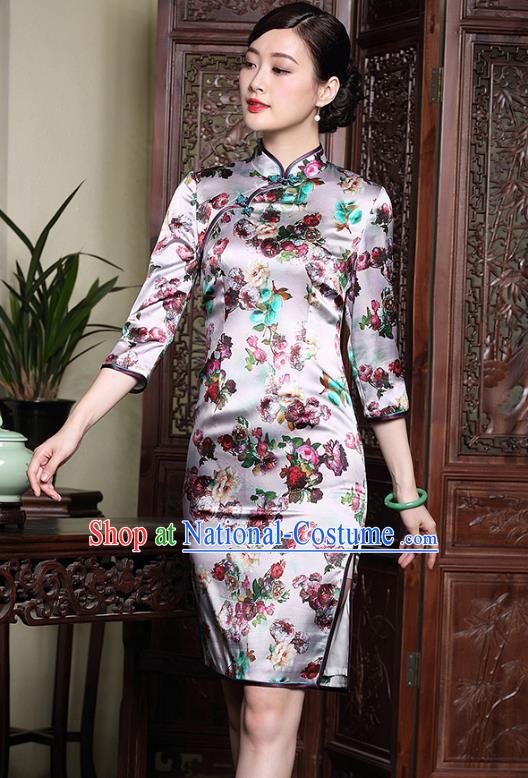 Traditional Ancient Chinese Young Lady Retro Stand Collar Printing Cheongsam, Asian Republic of China Qipao Tang Suit Silk Dress for Women