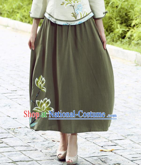 Asian China Hand Painting Linen Bust Skirt, Traditional Chinese Tang Suit Green Skirts for Women