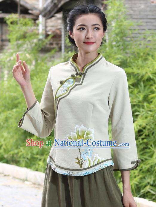 Asian China Hand Painting Green Linen Cheongsam Blouse, Traditional Chinese Tang Suit Hanfu Shirts for Women