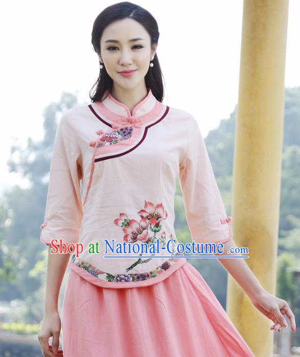 Asian China Hand Painting Pink Linen Cheongsam Blouse, Traditional Chinese Tang Suit Hanfu Shirts for Women