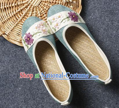 Traditional Chinese National Embroidered Shoes Green Linen Shoes, China Handmade Hanfu Embroidery Flower Wedding Shoes for Women