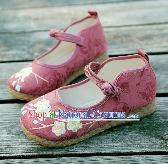 Traditional Chinese National Embroidered Shoes Pink Linen Shoes, China Handmade Hanfu Embroidery Wintersweet Flowers Shoes for Kids