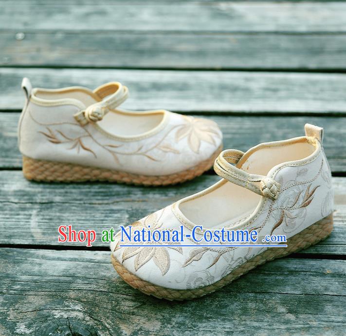 Traditional Chinese National Embroidered Shoes Beige Linen Shoes, China Handmade Hanfu Embroidery Lotus Flowers Shoes for Kids