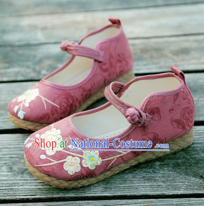 Traditional Chinese National Embroidered Shoes Red Linen Shoes, China Handmade Hanfu Embroidery Wintersweet Shoes for Kids