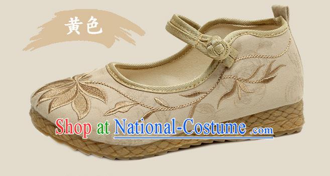 Traditional Chinese National Embroidered Shoes Beige Linen Shoes, China Handmade Hanfu Embroidery Lotus Shoes for Kids