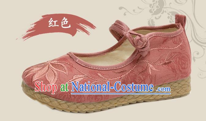 Traditional Chinese National Embroidered Shoes Red Linen Shoes, China Handmade Hanfu Embroidery Lotus Shoes for Kids