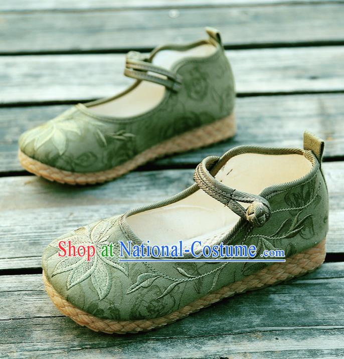 Traditional Chinese National Embroidered Shoes Green Linen Shoes, China Handmade Hanfu Embroidery Lotus Shoes for Kids