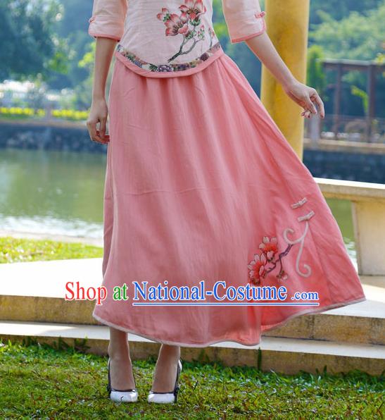 Asian China Hand Painting Pink Linen Bust Skirt, Traditional Chinese Tang Suit Skirts for Women