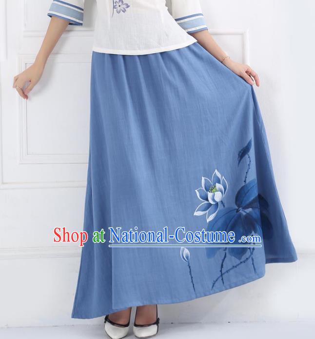 Asian China Hand Painting Lotus Blue Linen Bust Skirt, Traditional Chinese Tang Suit Skirts for Women