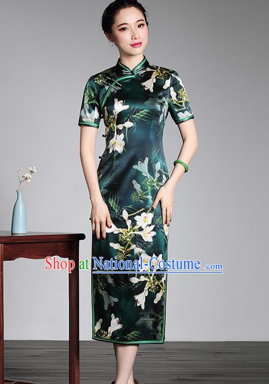 Top Grade Asian Republic of China Plated Buttons Cheongsam, Traditional Chinese Tang Suit Printing Green Silk Long Qipao Dress for Women