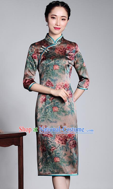 Top Grade Asian Republic of China Plated Buttons Cheongsam, Traditional Chinese Tang Suit Printing Silk Qipao Dress for Women