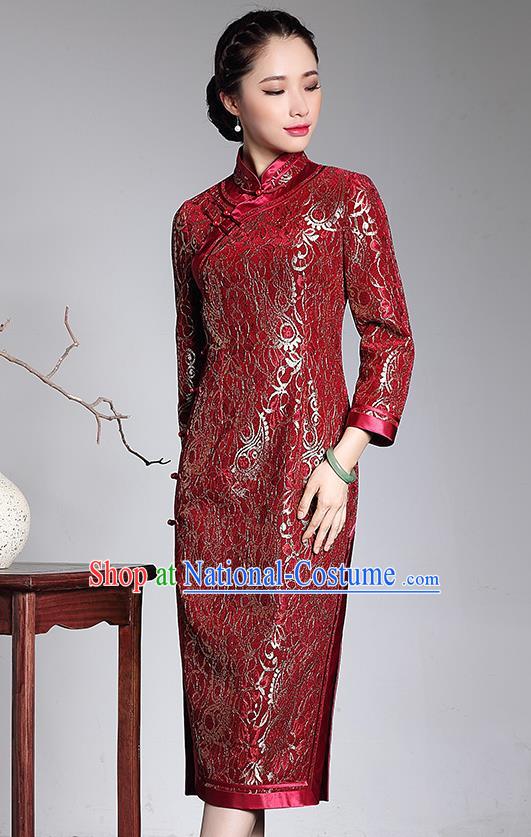 Traditional Ancient Chinese Young Lady Retro Stand Collar Long Cheongsam Red Silk Wedding Dress, Asian Republic of China Qipao Tang Suit Clothing for Women