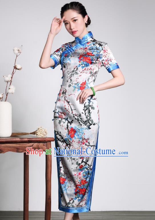 Traditional Ancient Chinese Young Lady Retro Stand Collar Printing Silk Cheongsam Dress, Asian Republic of China Qipao Tang Suit Clothing for Women