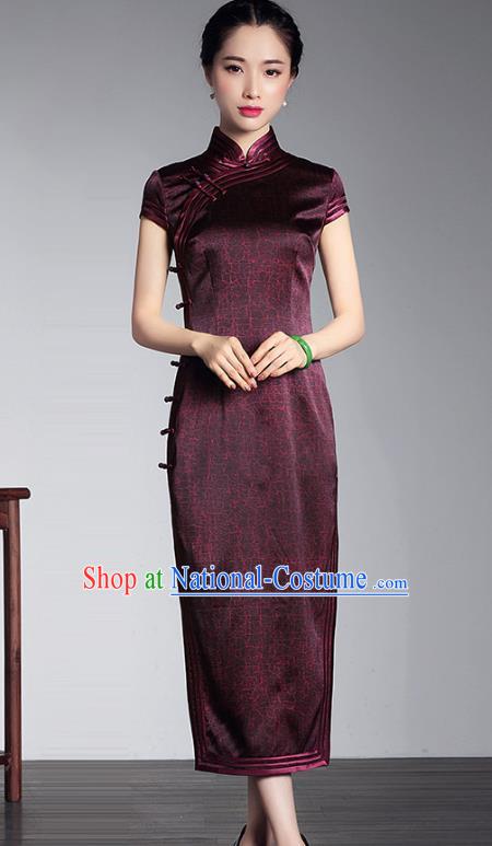 Traditional Ancient Chinese Young Lady Retro Stand Collar Purple Silk Cheongsam Dress, Asian Republic of China Qipao Tang Suit for Women