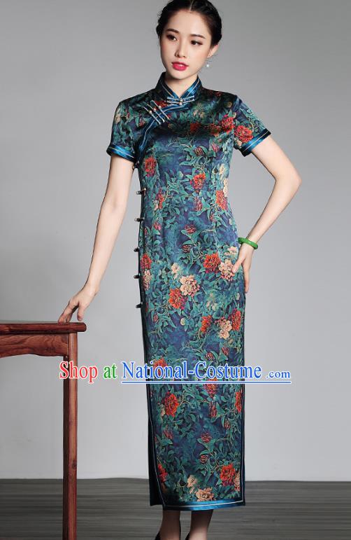 Asian Republic of China Young Lady Retro Stand Collar Green Silk Cheongsam Dress, Traditional Chinese Qipao Tang Suit Clothing for Women