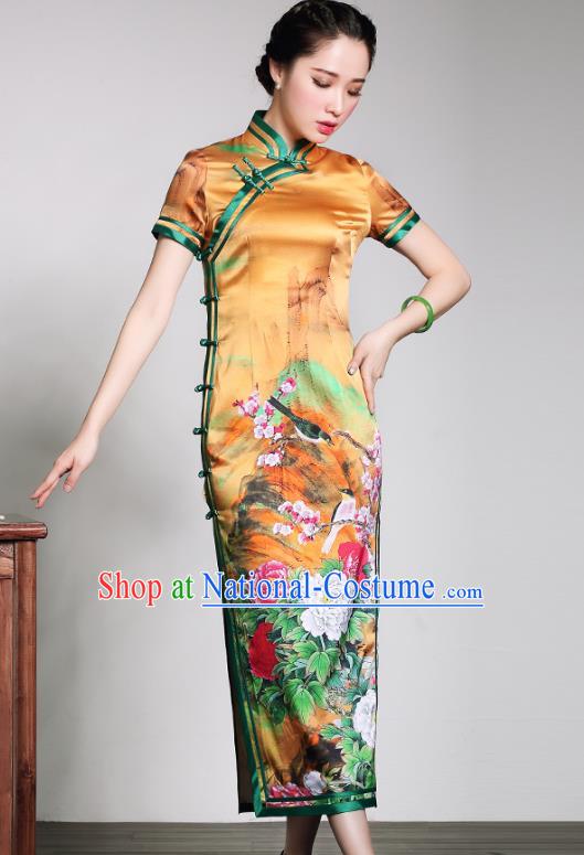 Asian Republic of China Young Lady Retro Stand Collar Printing Peony Yellow Silk Cheongsam, Traditional Chinese Qipao Tang Suit Dress for Women