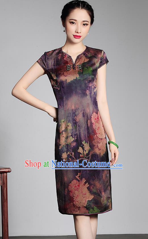 Asian Republic of China Young Lady Retro Stand Collar Purple Watered Gauze Cheongsam, Traditional Chinese Qipao Tang Suit Dress for Women