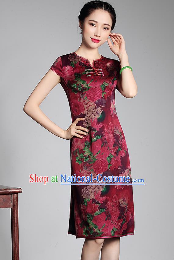 Asian Republic of China Young Lady Retro Stand Collar Red Watered Gauze Cheongsam, Traditional Chinese Qipao Tang Suit Dress for Women