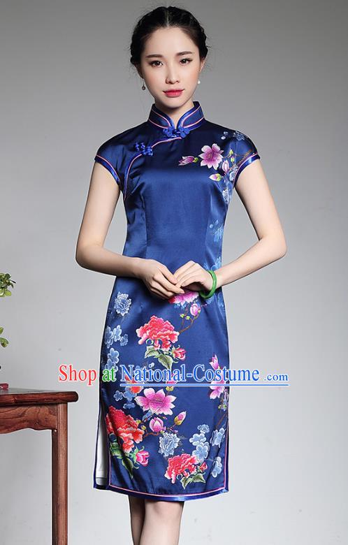 Asian Republic of China Young Lady Retro Stand Collar Blue Silk Cheongsam, Traditional Chinese Printing Peony Qipao Tang Suit Dress for Women