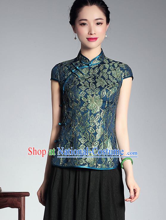 Asian Republic of China Young Lady Retro Stand Collar Green Lace Cheongsam Blouse, Traditional Chinese Qipao Shirts Tang Suit Upper Outer Garment for Women