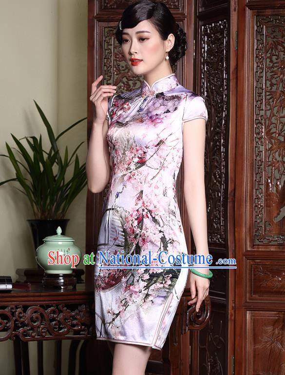 Asian Republic of China Young Lady Retro Stand Collar Silk Short Cheongsam, Traditional Chinese Printing Qipao Tang Suit Dress for Women