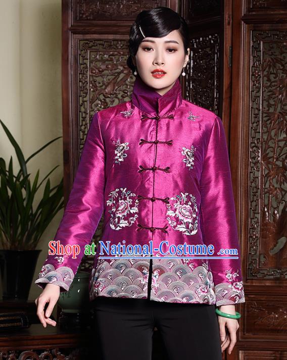 Asian Republic of China Young Lady Retro Stand Collar Embroidered Cotton-padded Jacket, Traditional Chinese Qipao Coats Tang Suit Upper Outer Garment for Women