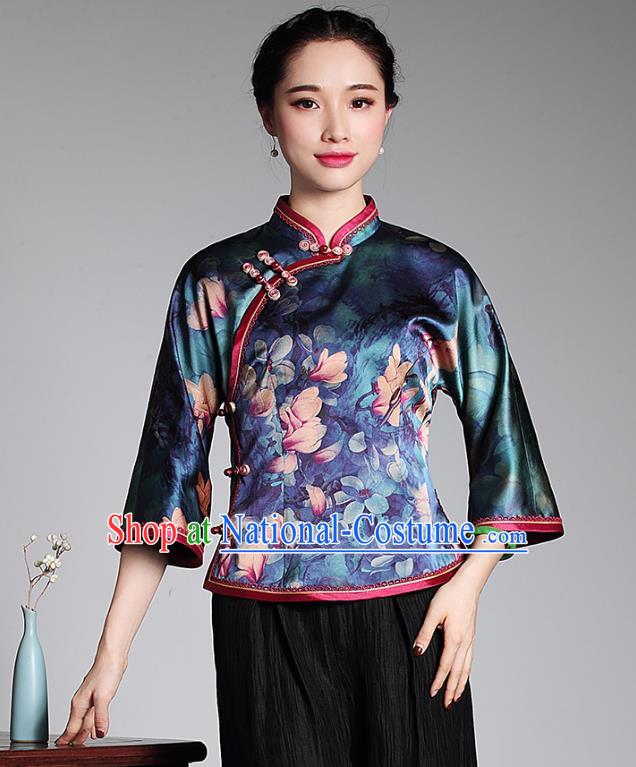 Asian Republic of China Young Lady Retro Plated Buttons Silk Embroidered Cheongsam Blouse, Traditional Chinese Qipao Shirts Tang Suit Upper Outer Garment for Women