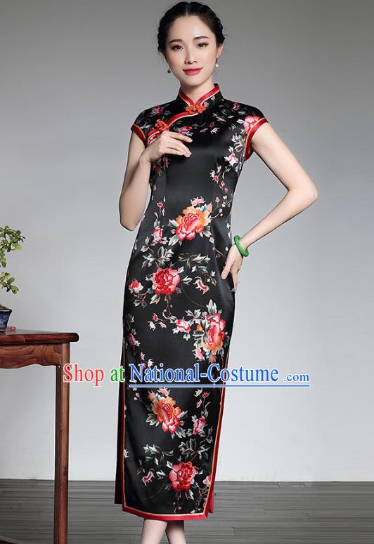 Asian Republic of China Top Grade Silk Plated Buttons Printing Peony Black Cheongsam, Traditional Chinese Tang Suit Qipao Dress for Women