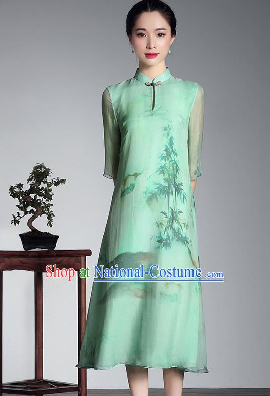 Asian Republic of China Top Grade Plated Buttons Light Green Silk Printing Cheongsam, Traditional Chinese Tang Suit Qipao Dress for Women