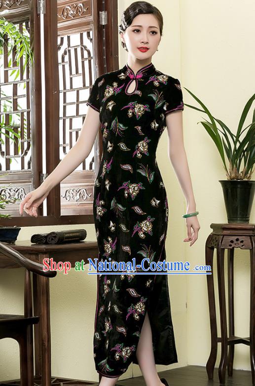 Asian Republic of China Top Grade Plated Buttons Black Velvet Printing Cheongsam, Traditional Chinese Tang Suit Qipao Dress for Women