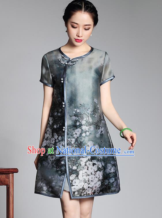 Asian Republic of China Top Grade Plated Buttons Organza Printing Cheongsam, Traditional Chinese Tang Suit Qipao Dress for Women