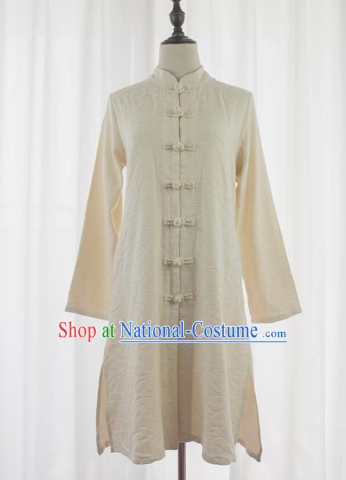 Asian China White Linen Plated Buttons Shirt, Traditional Chinese Tang Suit Coats for Women