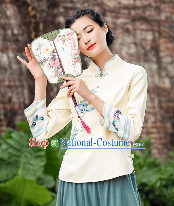 Asian China Embroidered Linen Cheongsam Blouse, Traditional Chinese Tang Suit Hanfu Shirts for Women