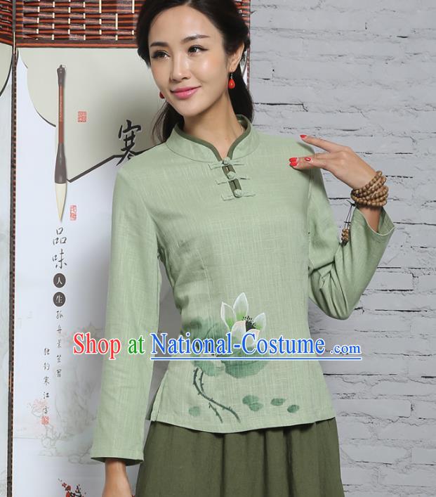 Asian China Top Grade Green Linen Hand Painting Cheongsam Blouse, Traditional Chinese Tang Suit Hanfu Plated Buttons Shirts for Women