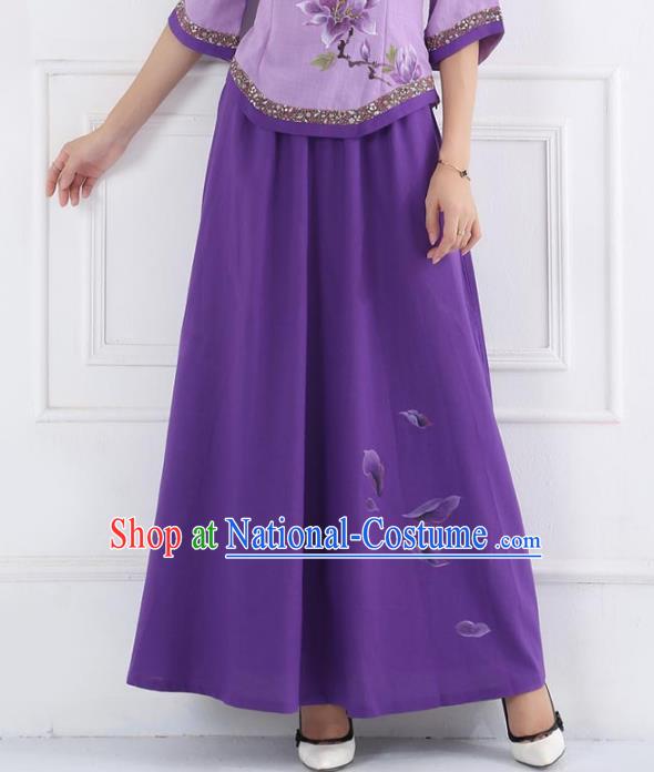 Asian China Hand Painting Linen Bust Skirt, Traditional Chinese Tang Suit Purple Skirts for Women