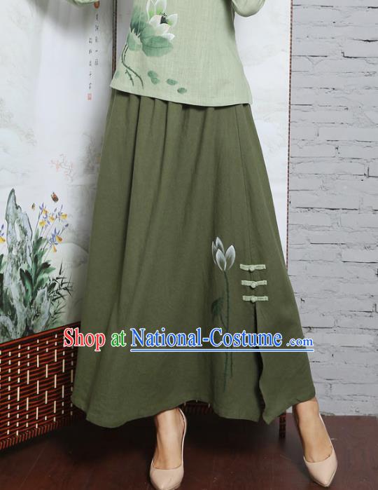 Asian China Hand Painting Linen Bust Skirt, Traditional Chinese Tang Suit Green Skirts for Women