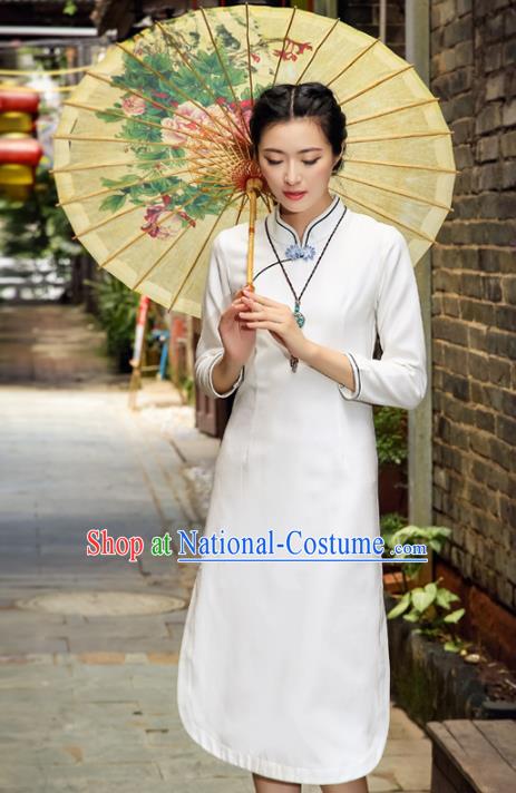 Asian China Hand Painting White Linen Cheongsam Dress, Traditional Chinese Tang Suit Hanfu Plated Button Qipao for Women