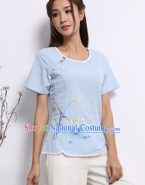 Asian China Top Grade Blue Linen Hand Painting Cheongsam Blouse, Traditional Chinese Tang Suit Hanfu Plated Button Qipao Shirts for Women