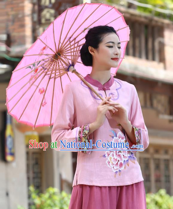 Asian China Top Grade Pink Linen Hand Painting Peony Cheongsam Blouse, Traditional Chinese Tang Suit Hanfu Plated Button Qipao Shirts for Women