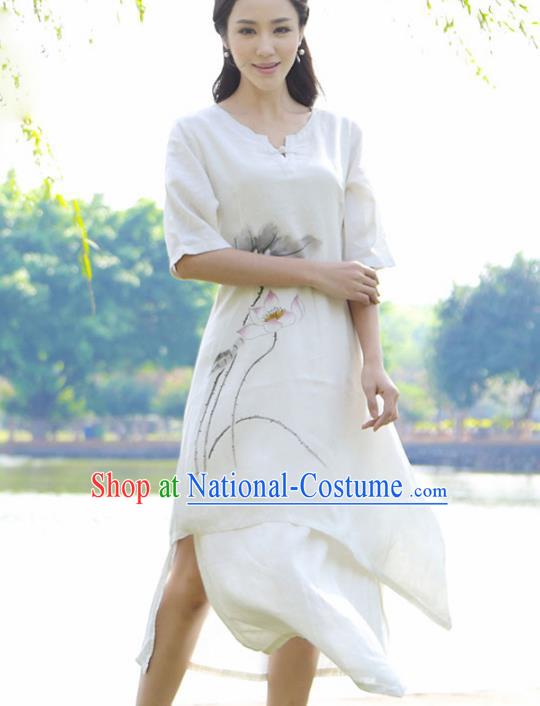 Asian China Top Grade Linen Hand Painting White Cheongsam, Traditional Chinese Tang Suit Hanfu Plated Button Qipao for Women