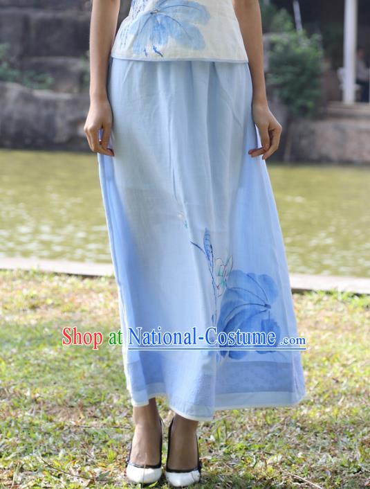 Asian China Hand Painting Blue Linen Bust Skirt, Traditional Chinese Tang Suit Hanfu Skirts for Women