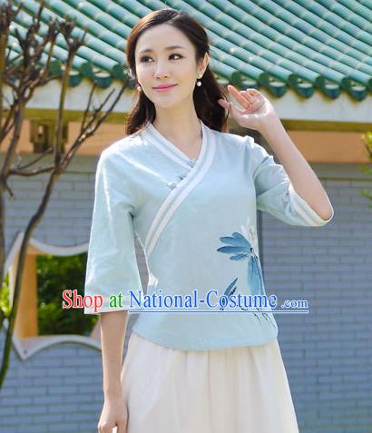 Asian China Top Grade Blue Linen Hand Painting Lotus Cheongsam Blouse, Traditional Chinese Tang Suit Hanfu Plated Button Qipao Shirts for Women