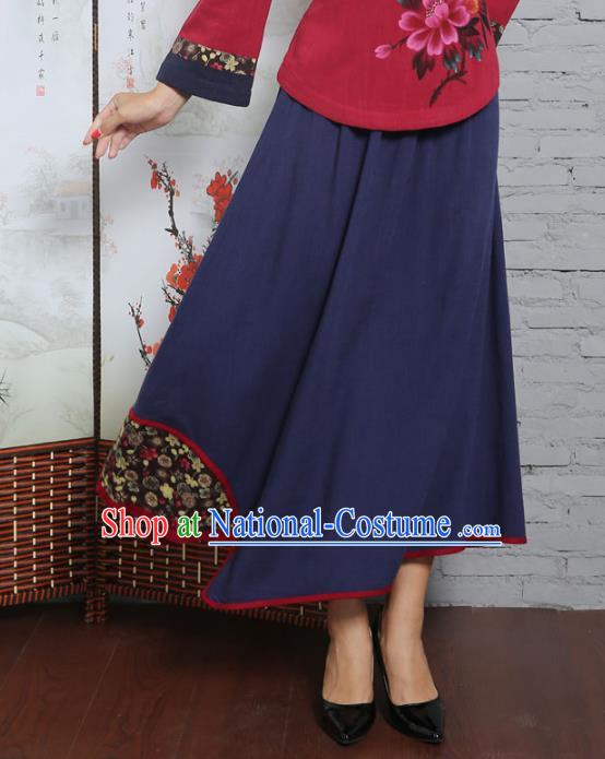 Asian China Hand Painting Navy Linen Bust Skirt, Traditional Chinese Tang Suit Hanfu Skirts for Women