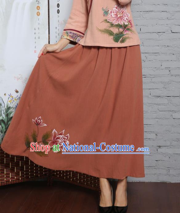 Asian China Hand Painting Orange Linen Bust Skirt, Traditional Chinese Tang Suit Hanfu Skirts for Women