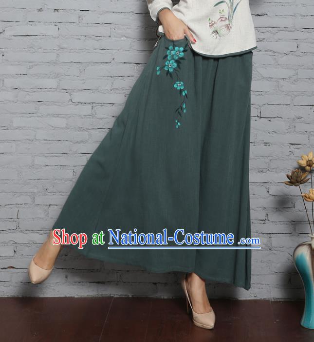 Asian China Hand Painting Green Linen Bust Skirt, Traditional Chinese Tang Suit Hanfu Skirts for Women